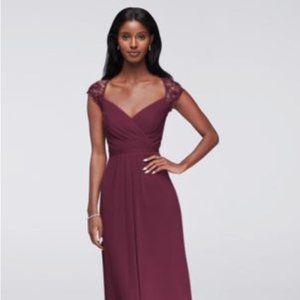 David's Bridal Long Mesh Dress with Lace Cap Sleeves - wine - Size 2